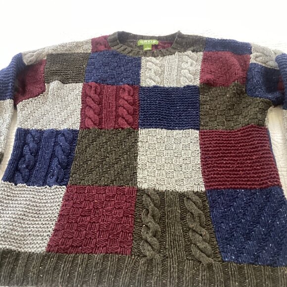 Vtg Orvis Patchwork Wool & Cashmere Blend Cable Knit Sweater XL Color Blocks - Picture 11 of 11
